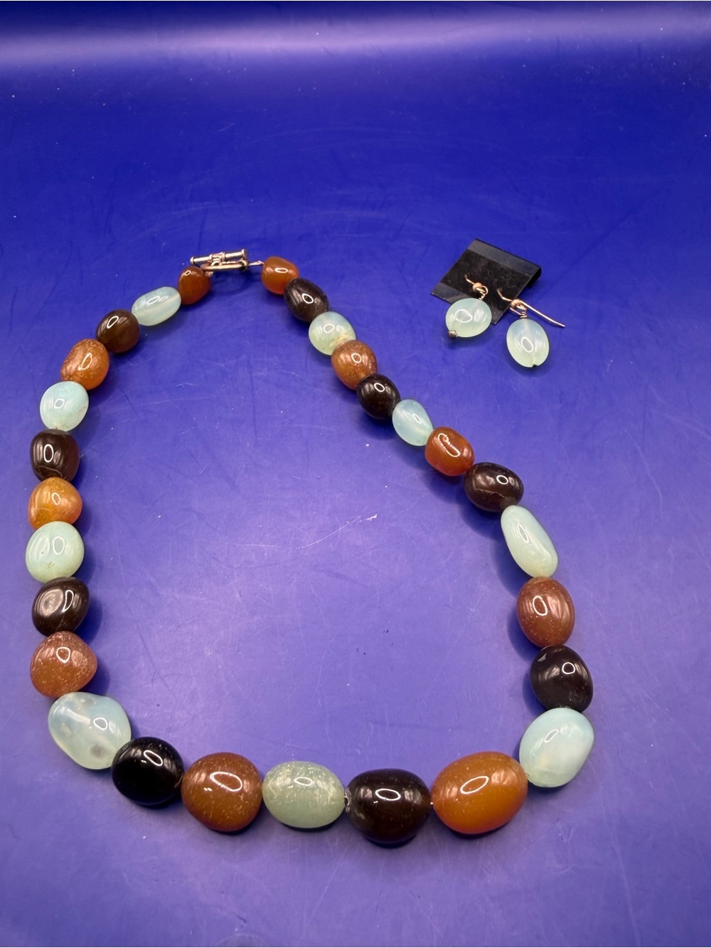 Beaded Necklace & Earrings Set - Green, Brown, Amber
